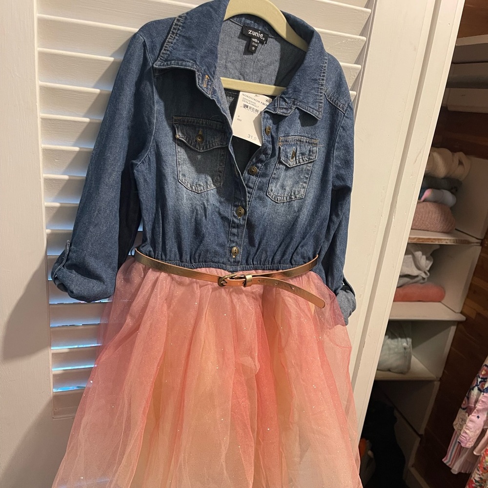 Zunie NWT mixed media denim / tulle dress. Size 8 but runs small - fit size 6.